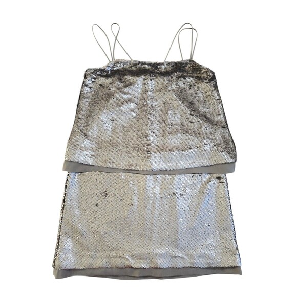 BANANA REPUBLIC Strappy Silver Sequin Mini Dress Size 12 Silk Overlay Party - Picture 12 of 12